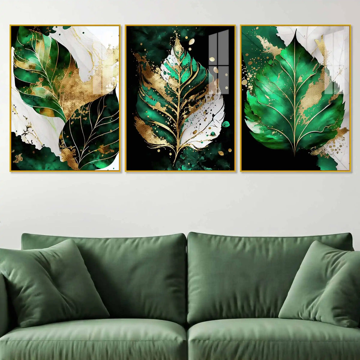 Green Leaf Floating Acrylic Wall Painting Set of 3
