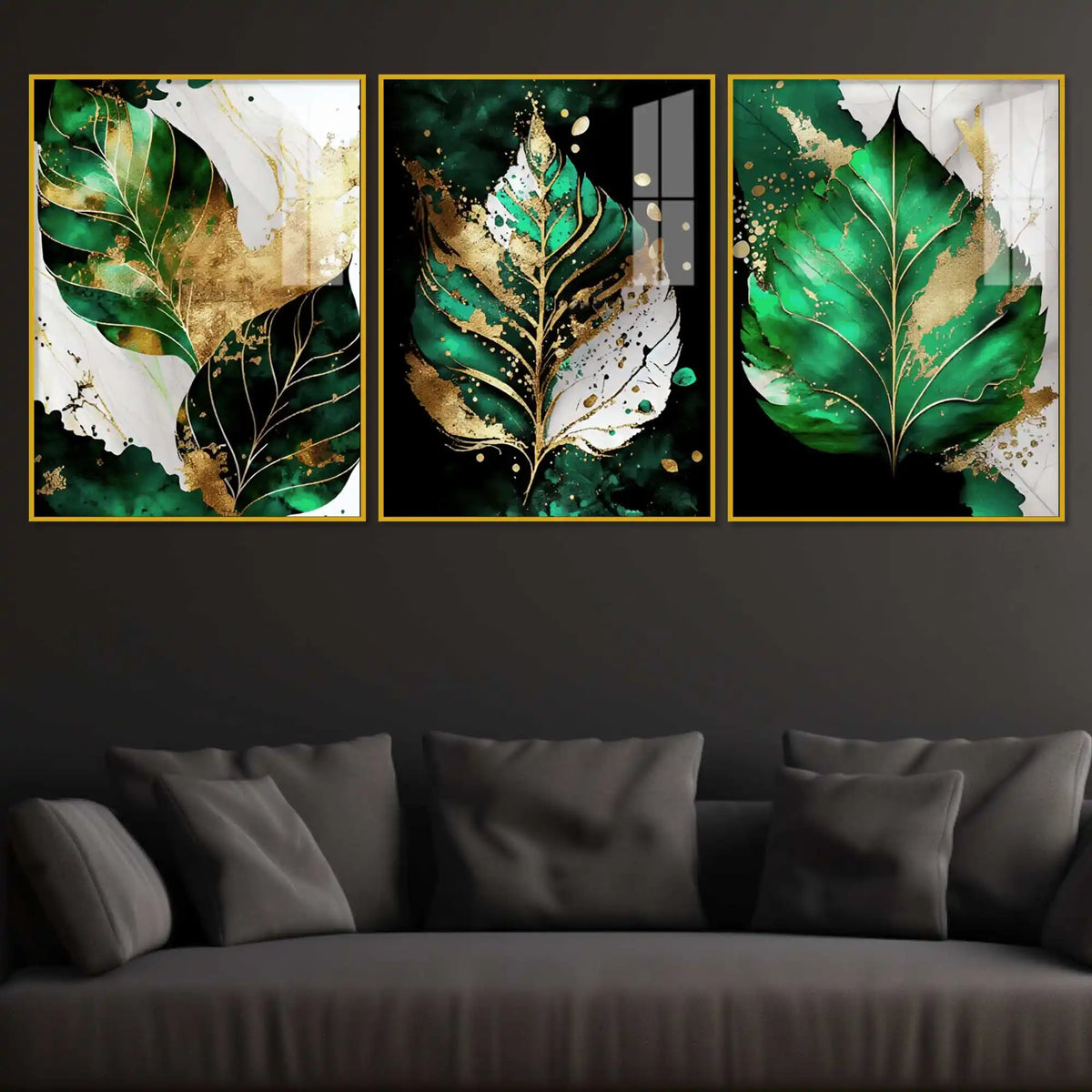 Green Leaf Floating Acrylic Wall Painting Set of 3