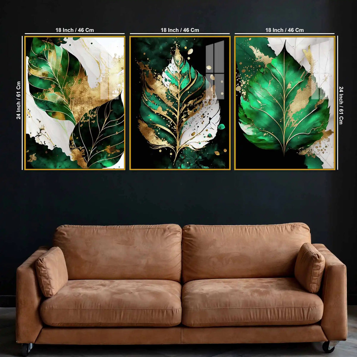 Green Leaf Floating Acrylic Wall Painting Set of 3