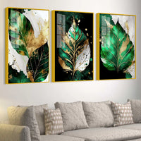 Green Leaf Floating Acrylic Wall Painting Set of 3