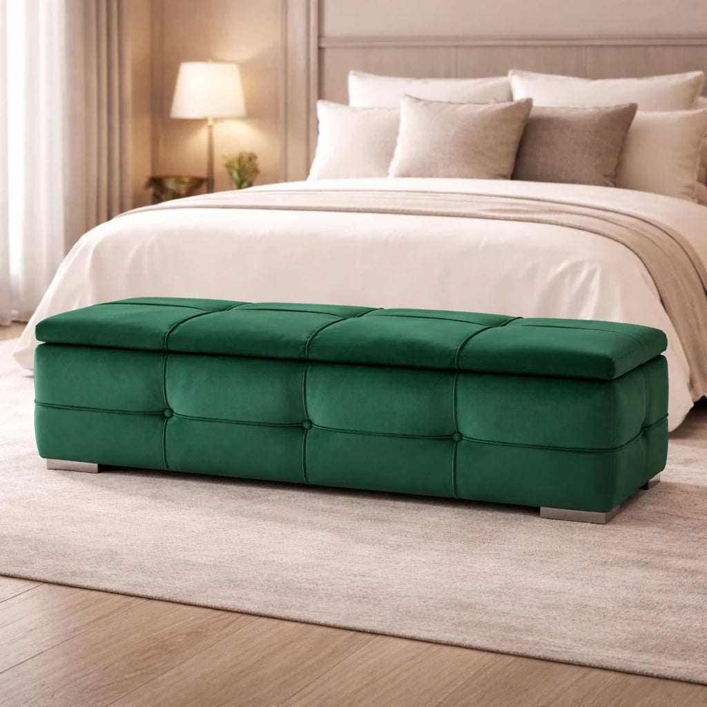 Green Velvet Tufted Storage Bench with Seating and Organizer Space