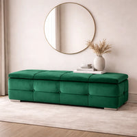 Green Velvet Tufted Storage Bench with Seating and Organizer Space