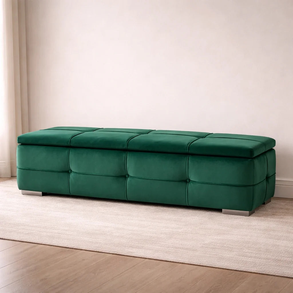 Green Velvet Tufted Storage Bench with Seating and Organizer Space