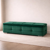Green Velvet Tufted Storage Bench with Seating and Organizer Space