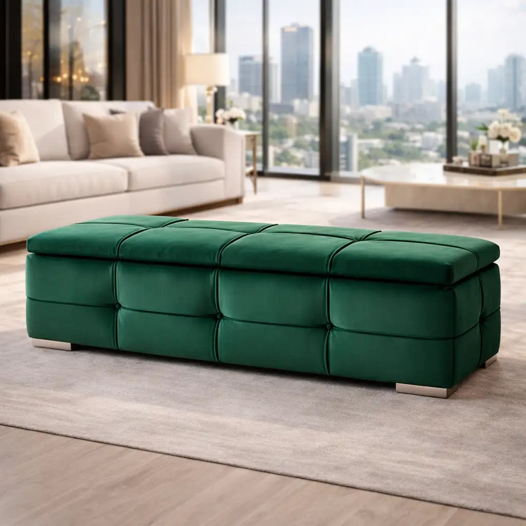 Green Velvet Tufted Storage Bench with Seating and Organizer Space