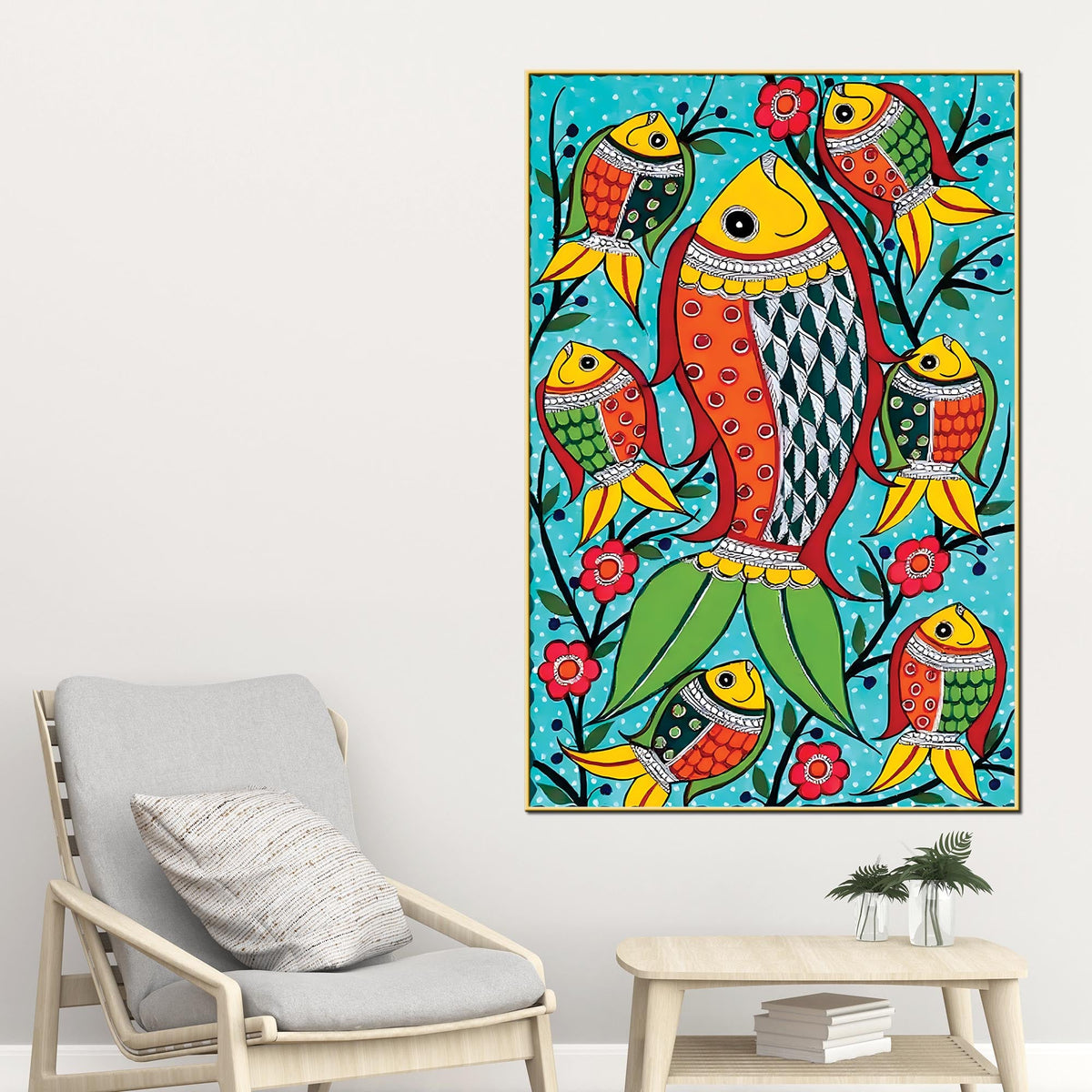 Handcrafted Style Fish Canvas Painting | Traditional Indian Wall Painting