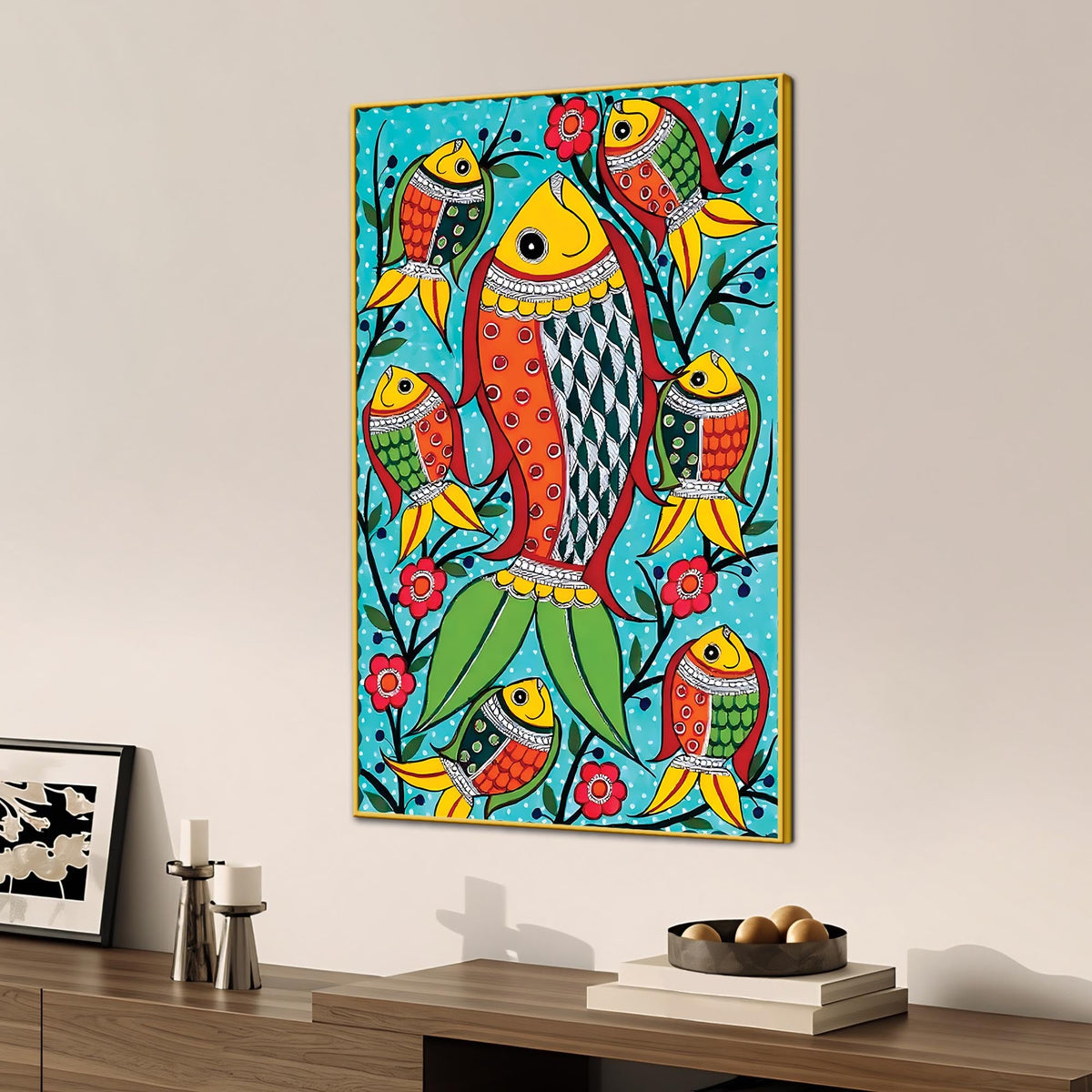 Handcrafted Style Fish Canvas Painting | Traditional Indian Wall Painting