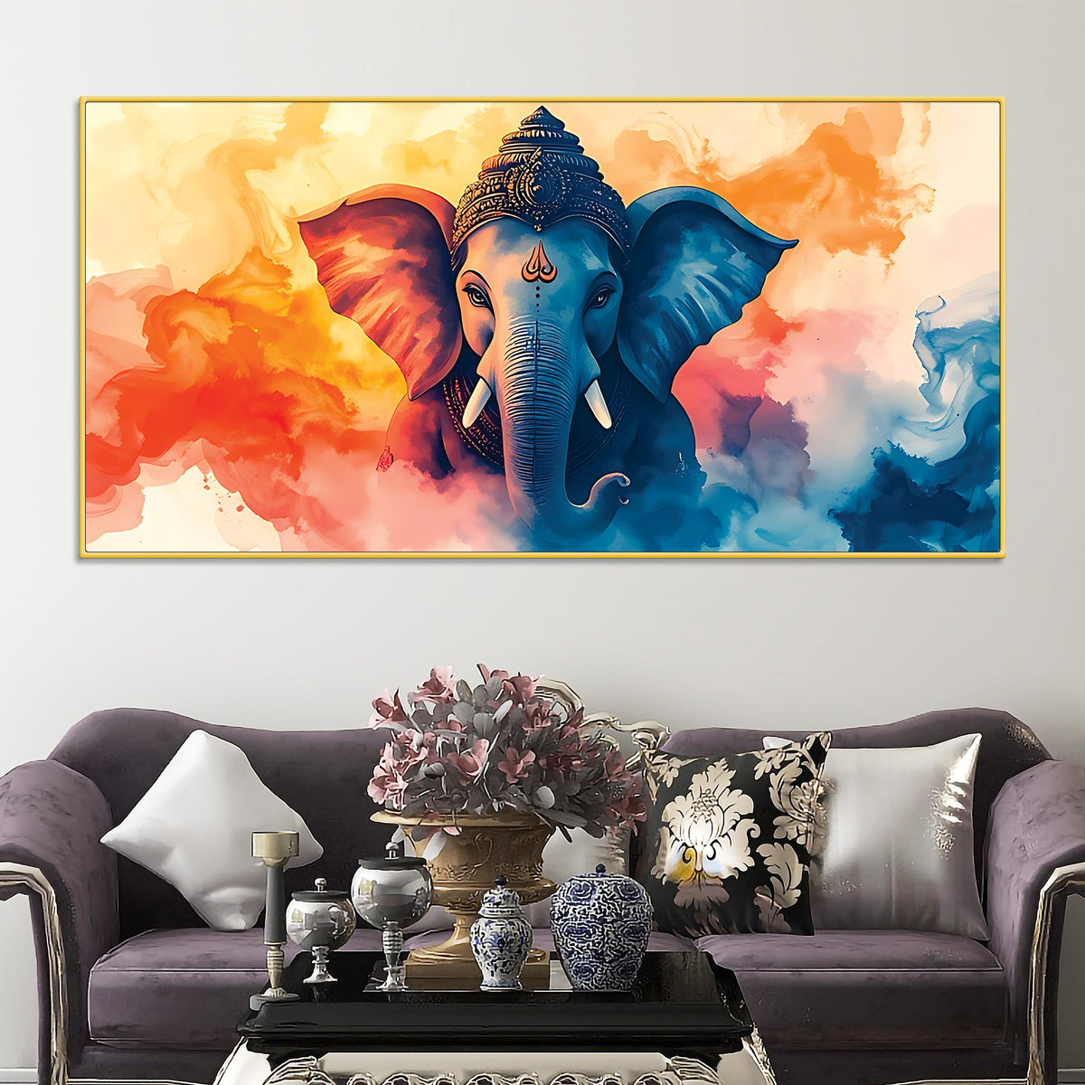 Handcrafted Style Lord Shri Ganpati Bappa Canvas Wall Painting for Home & Office Decoration – Modern Spiritual Wall Decor