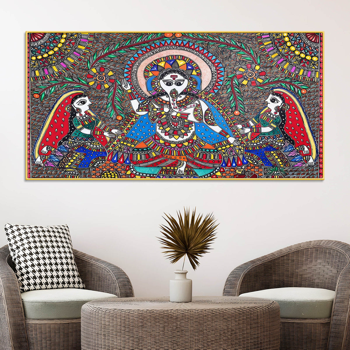 Handcrafted Style Madhubani Ganpati Canvas Wall Painting