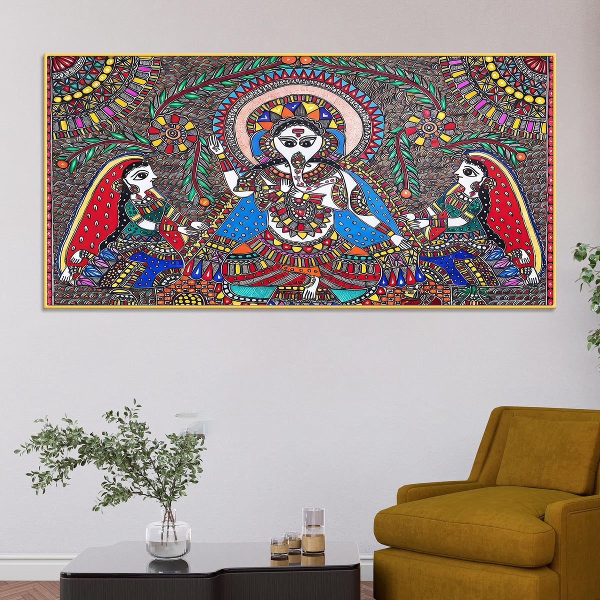 Handcrafted Style Madhubani Ganpati Canvas Wall Painting