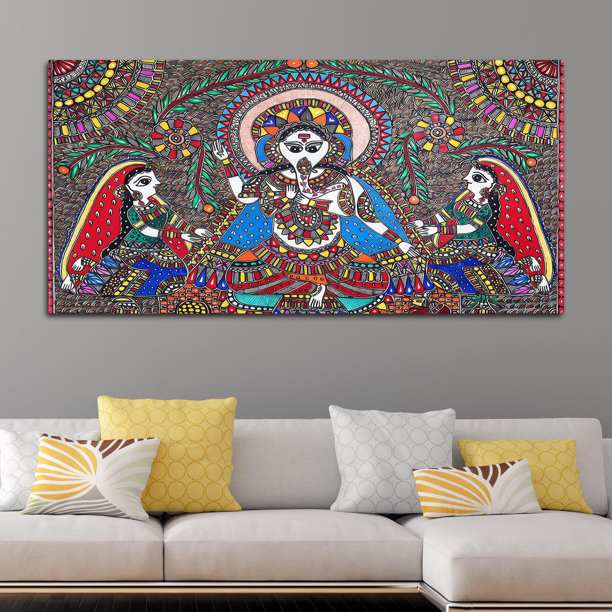 Handcrafted Style Madhubani Ganpati Canvas Wall Painting