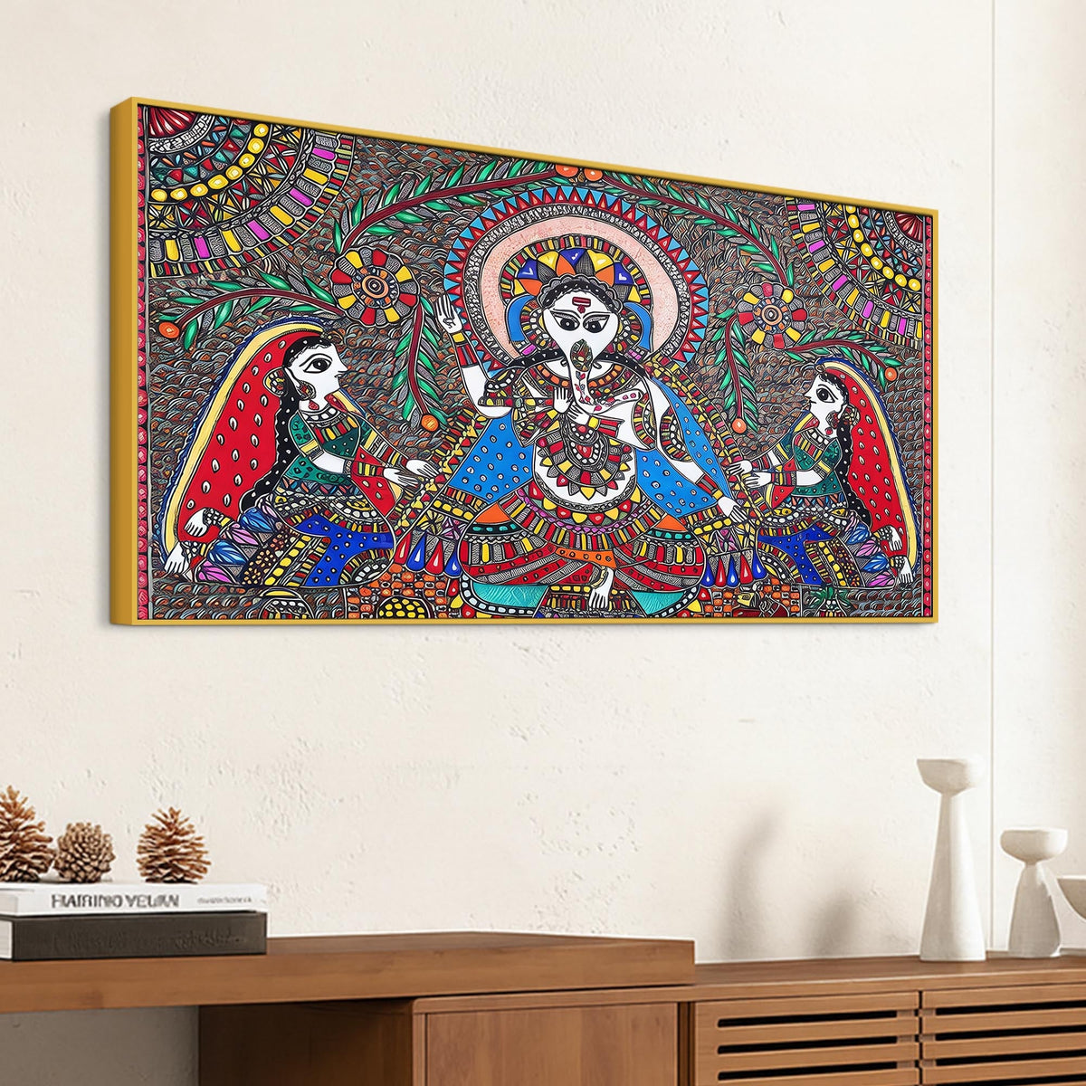 Handcrafted Style Madhubani Ganpati Canvas Wall Painting