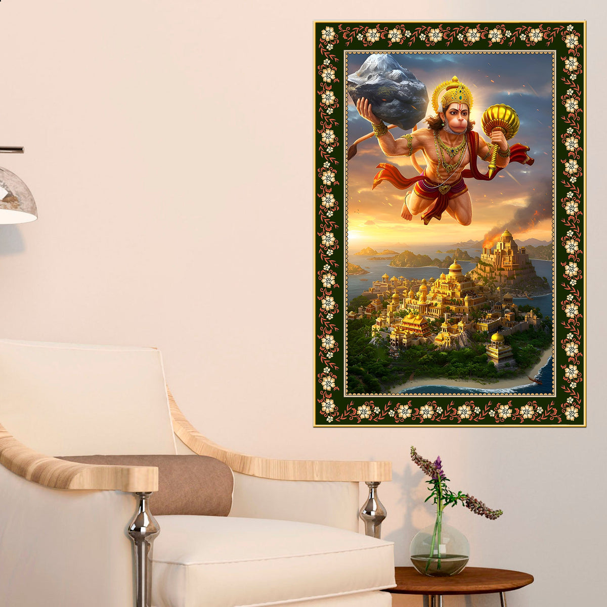 Hanuman with Sanjivani Hill Floral Border Vertical Wall Painting