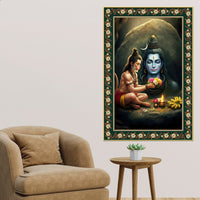 Hanuman Worship Shiva Floral Border Vertical Wall Painting