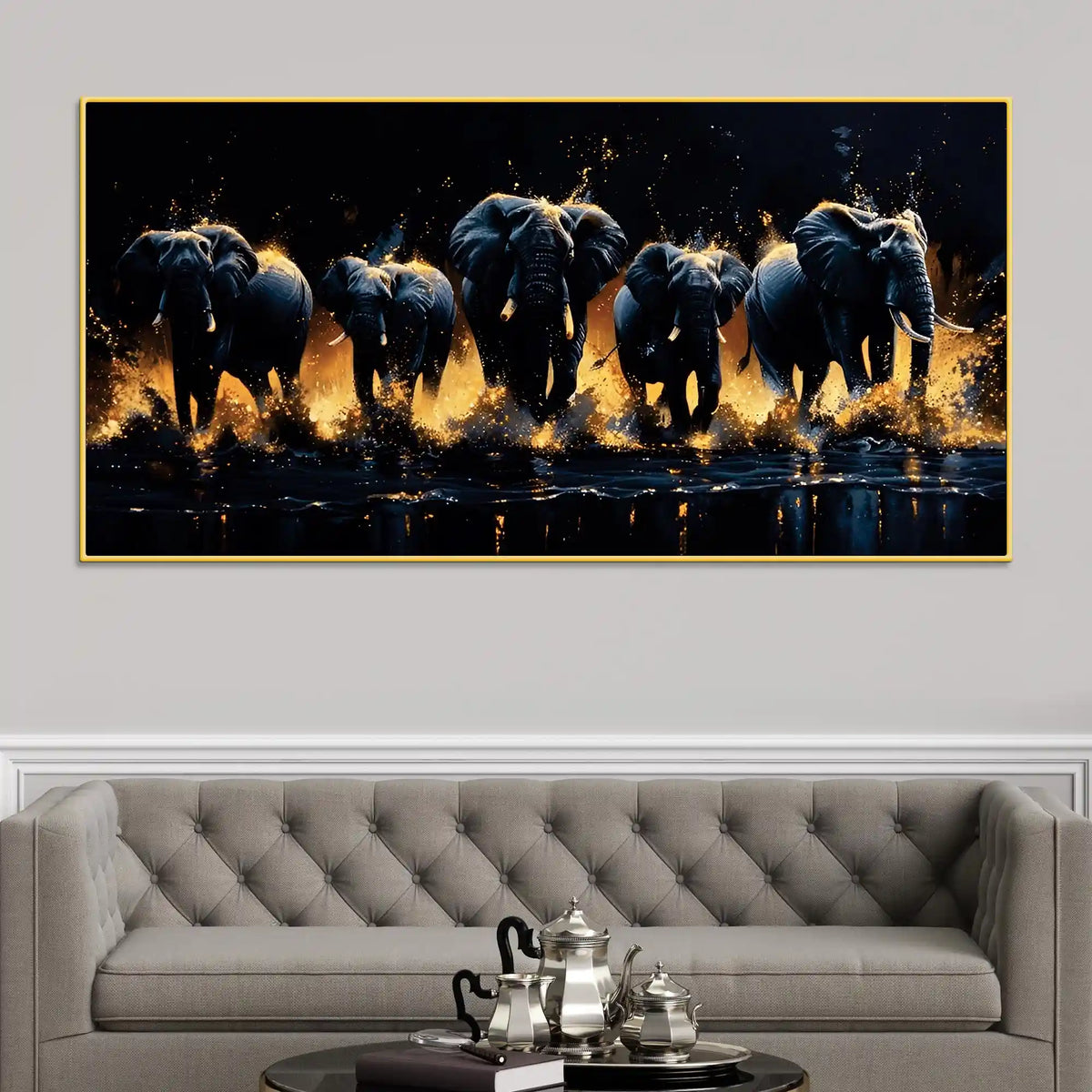 Herd of Elephants Running Through The Water Canvas Wall Painting