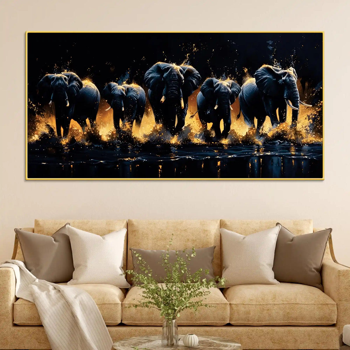 Herd of Elephants Running Through The Water Canvas Wall Painting