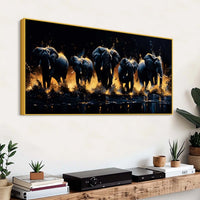 Herd of Elephants Running Through The Water Canvas Wall Painting