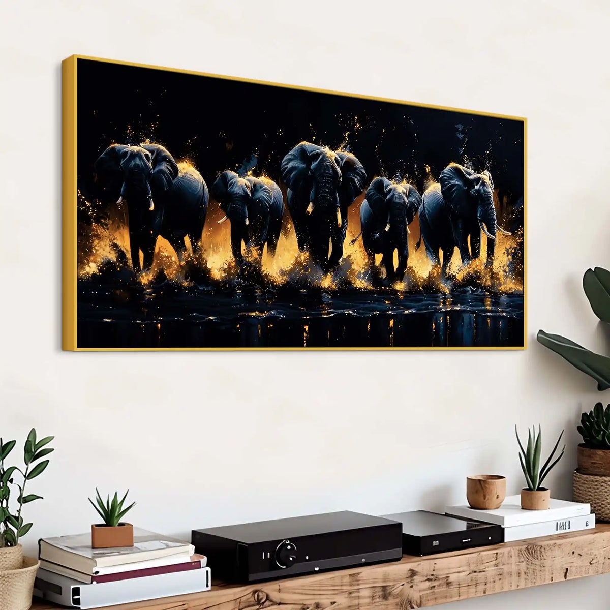 Herd of Elephants Running Through The Water Canvas Wall Painting
