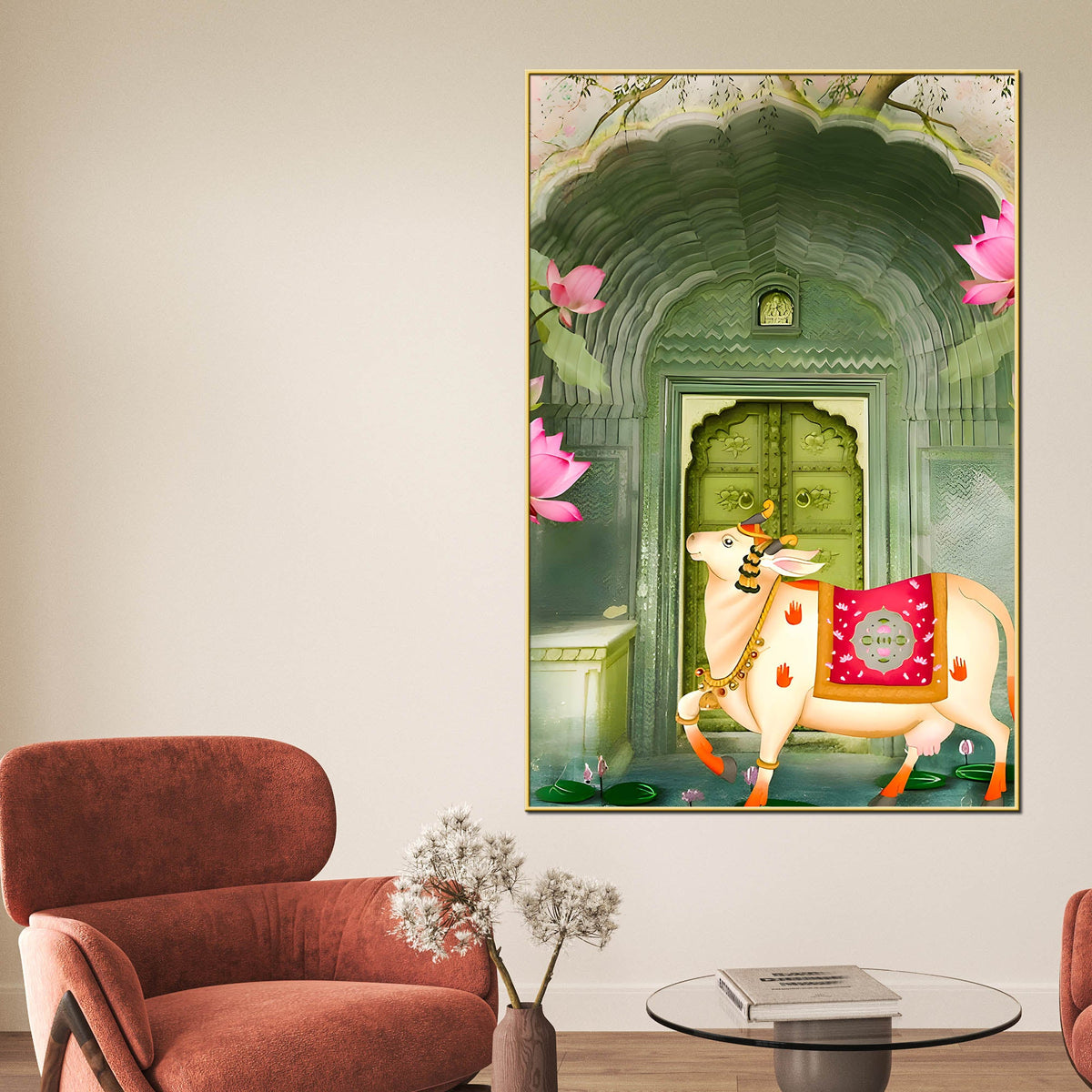 Heritage Cow & Lotus Indian Sacred Animal Canvas Wall Painting