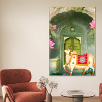 Heritage Cow & Lotus Indian Sacred Animal Canvas Wall Painting