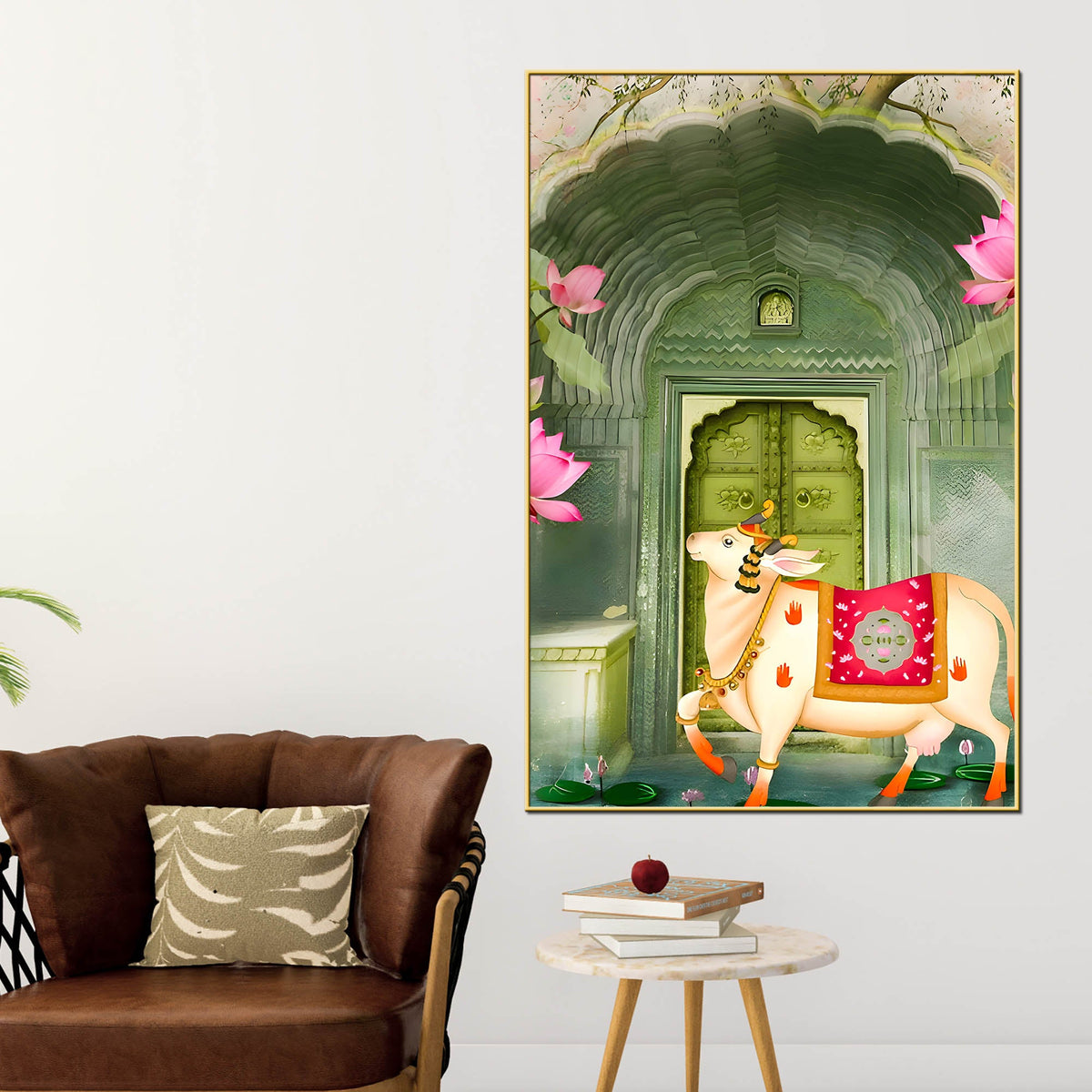 Heritage Cow & Lotus Indian Sacred Animal Canvas Wall Painting