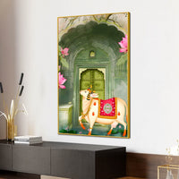 Heritage Cow & Lotus Indian Sacred Animal Canvas Wall Painting