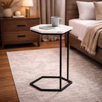 Hexagon Shape Marble Top Black Stand Side Table
