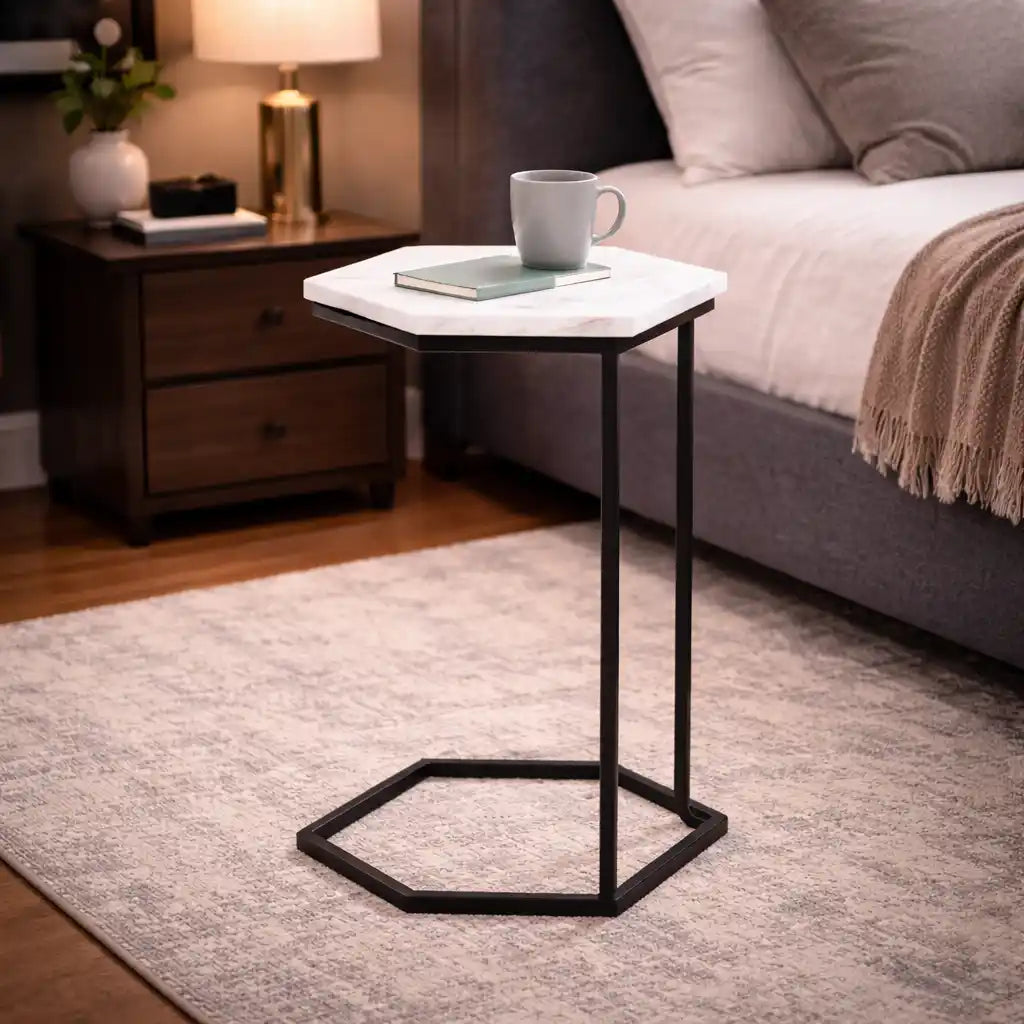 Hexagon Shape Marble Top Black Stand Side Table