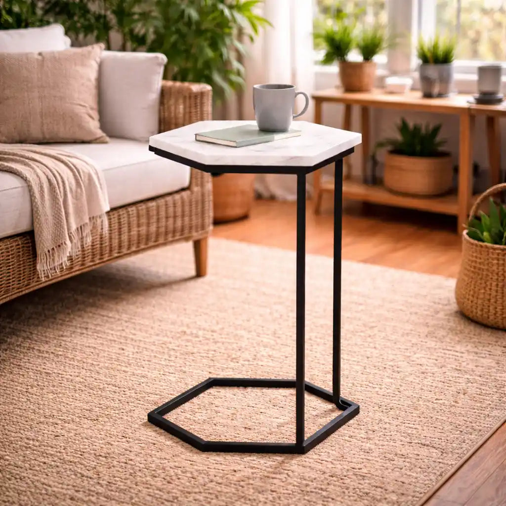 Hexagon Shape Marble Top Black Stand Side Table