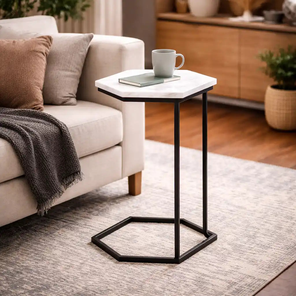 Hexagon Shape Marble Top Black Stand Side Table