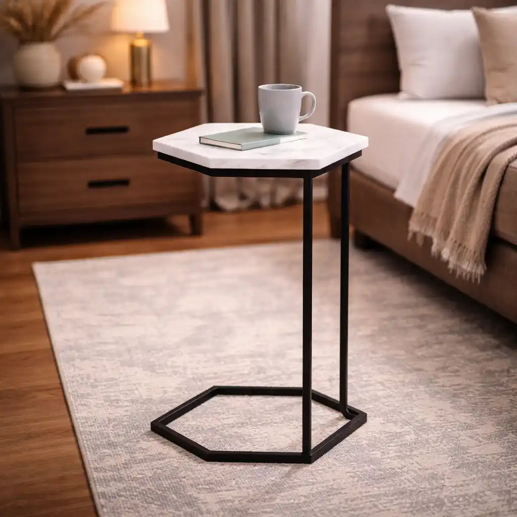 Hexagon Shape Marble Top Black Stand Side Table