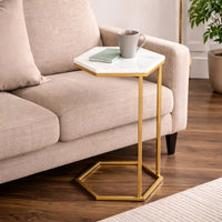 Hexagon Shape Marble Top Golden Stand Side Table
