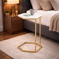 Hexagon Shape Marble Top Golden Stand Side Table