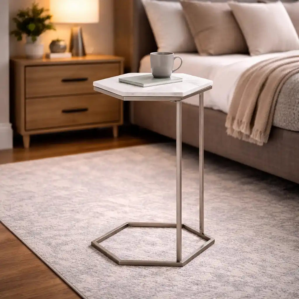 Hexagon Shape Marble Top Silver Stand Side Table