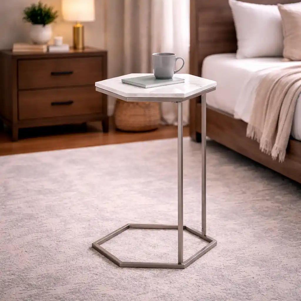 Hexagon Shape Marble Top Silver Stand Side Table