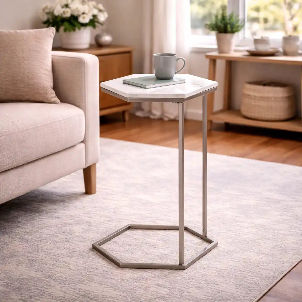 Hexagon Shape Marble Top Silver Stand Side Table
