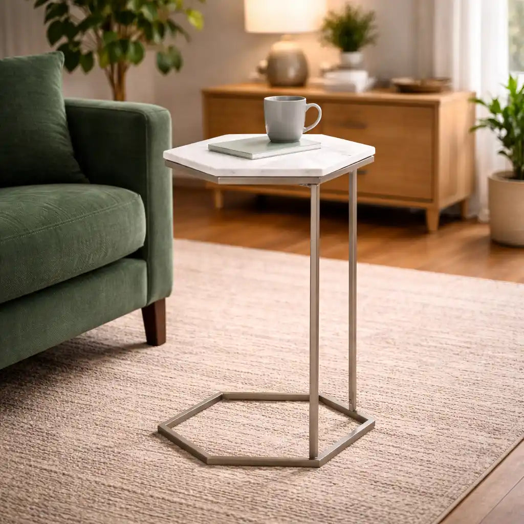 Hexagon Shape Marble Top Silver Stand Side Table