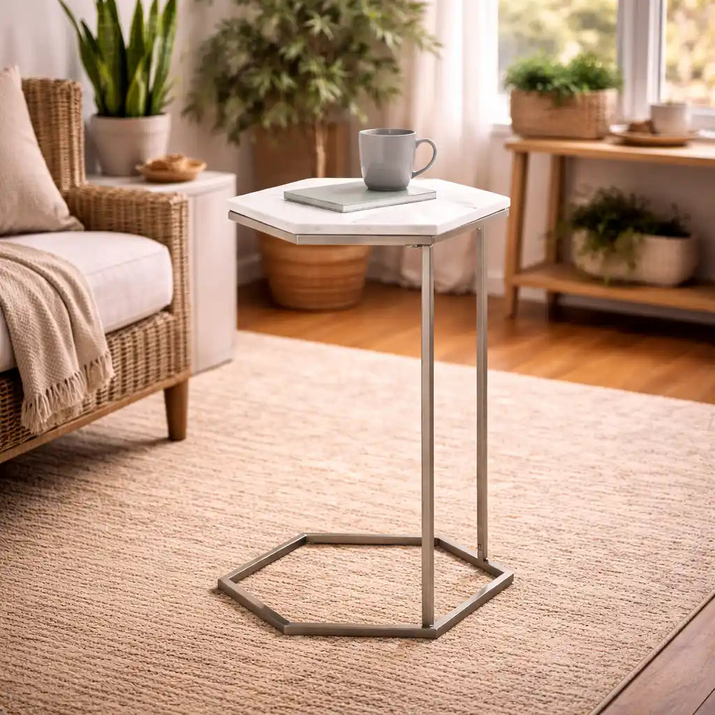 Hexagon Shape Marble Top Silver Stand Side Table