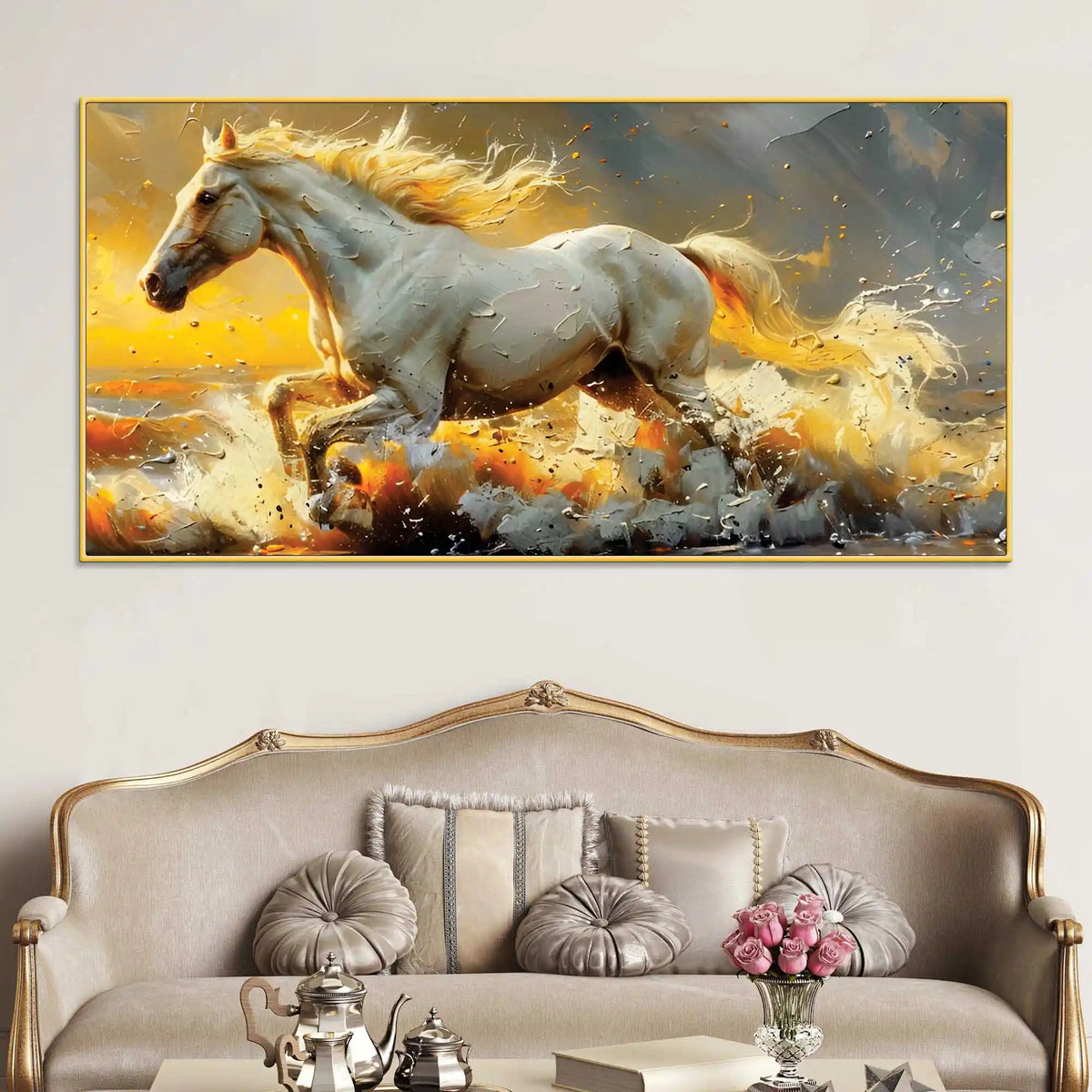 High Speed White Stallion Abstract Canvas Wall Painting