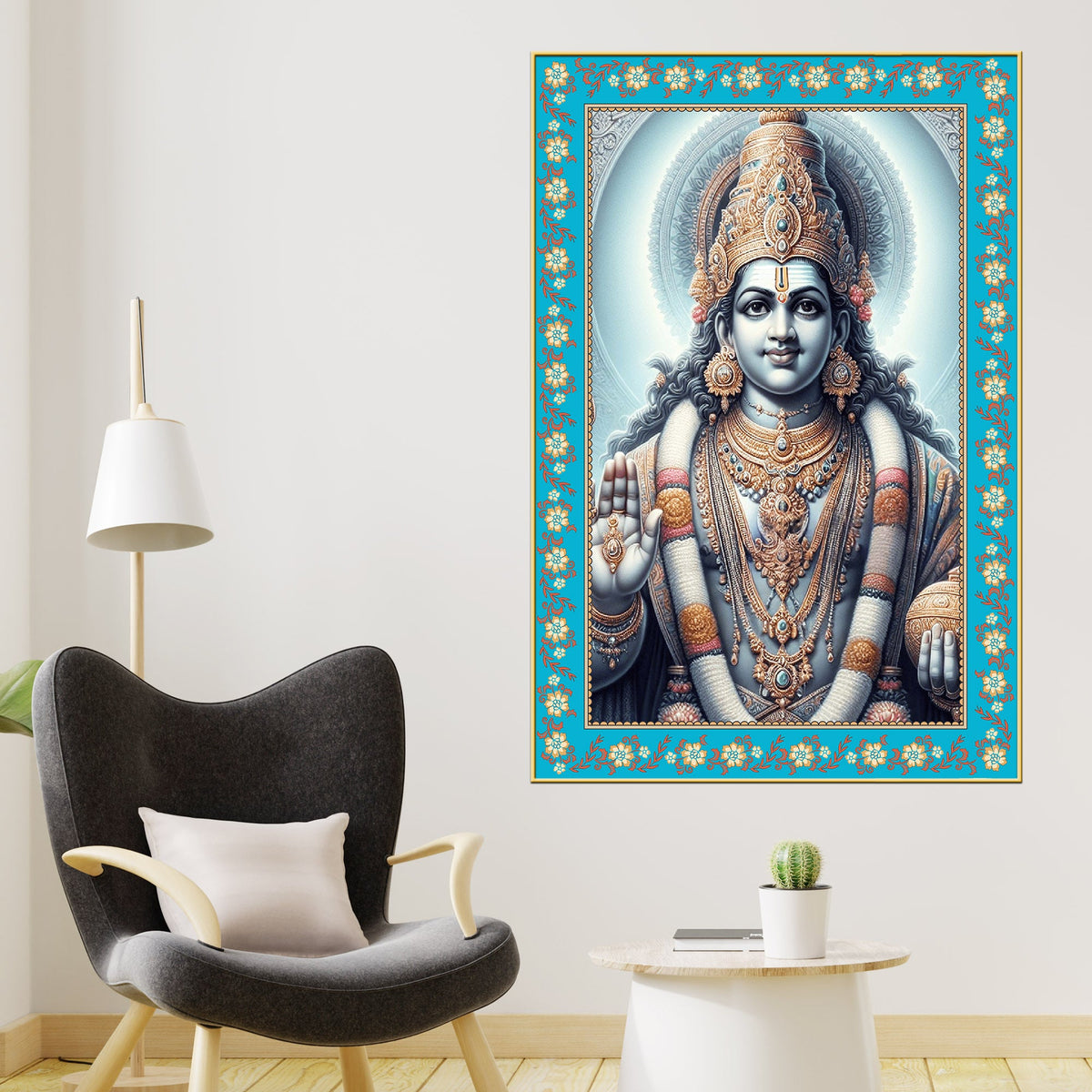 Hindu Deity Vishnu Floral Border Vertical Wall Painting