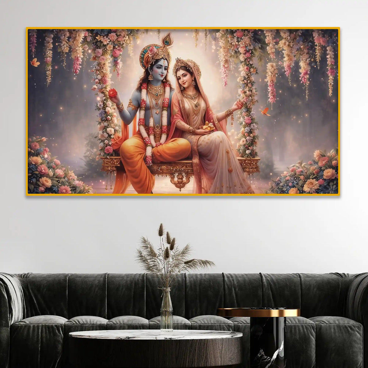 Hindu God Radha Krishna Crystal Glass Wall Art Floral Painting