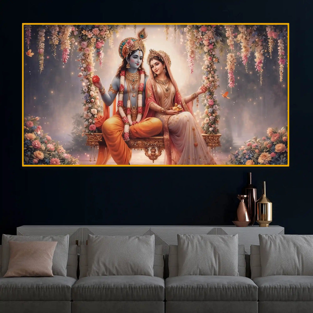 Hindu God Radha Krishna Crystal Glass Wall Art Floral Painting
