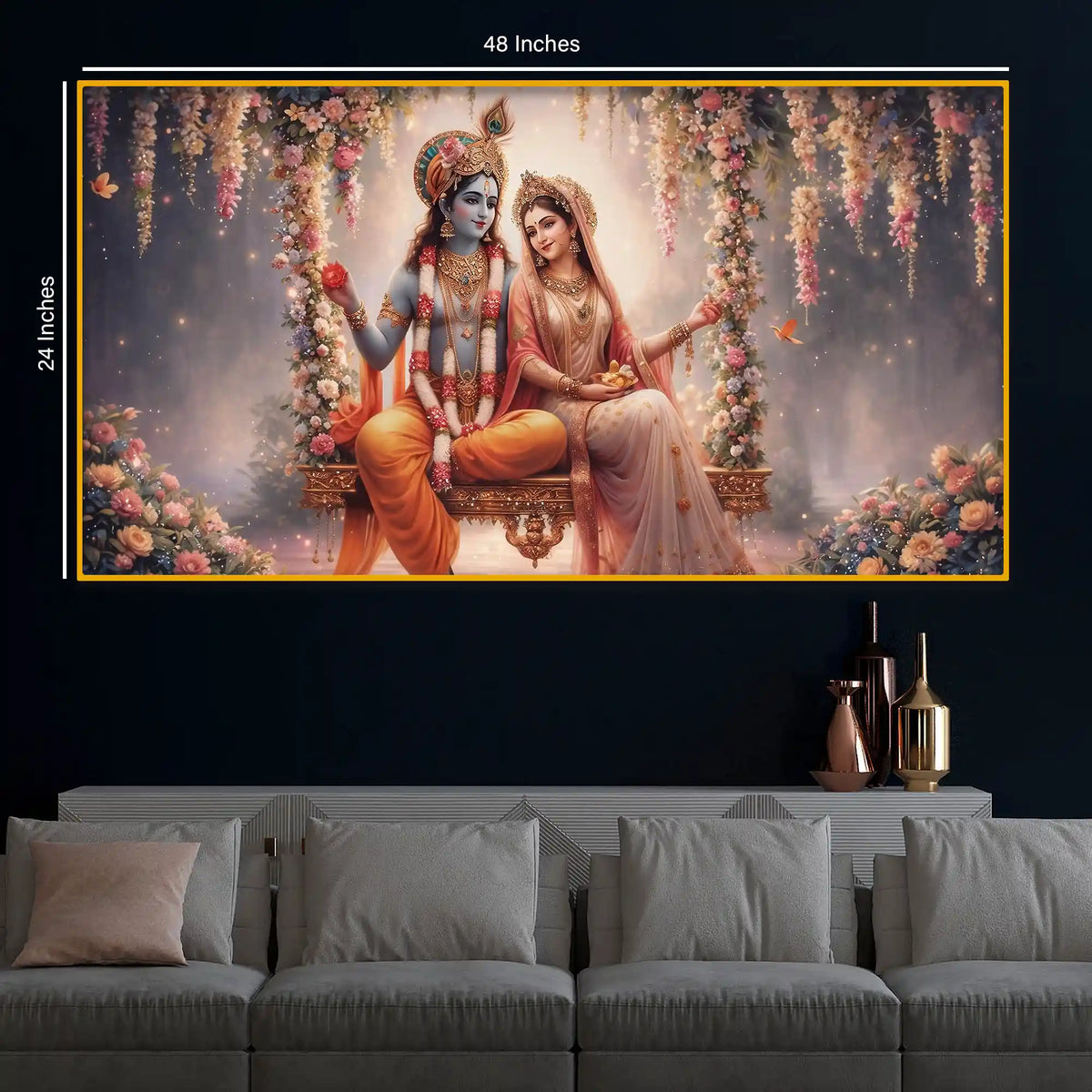 Hindu God Radha Krishna Crystal Glass Wall Art Floral Painting