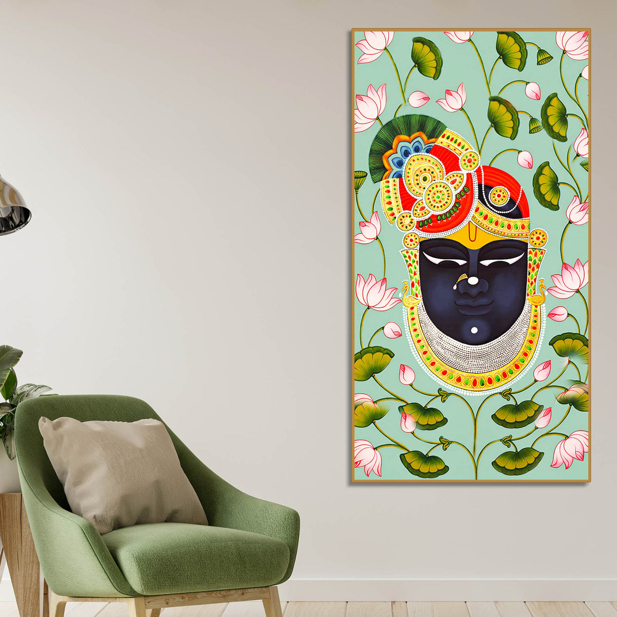 Hindu God Shrinath Ji Face Canvas Painting | Lotus Pattern Spiritual Decor