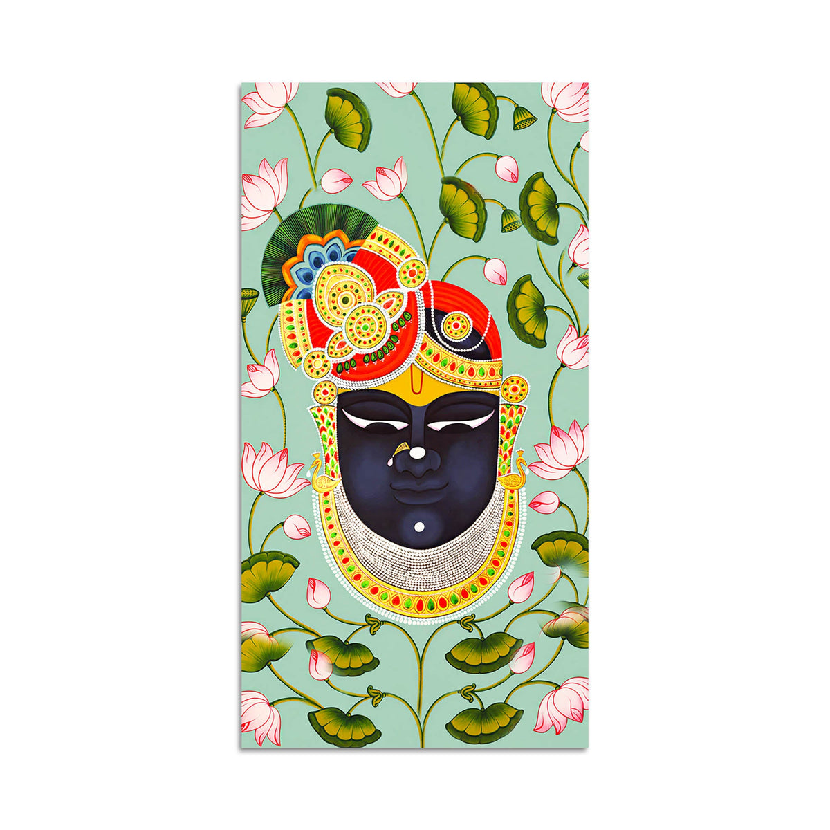 Hindu God Shrinath Ji Face Canvas Painting | Lotus Pattern Spiritual Decor