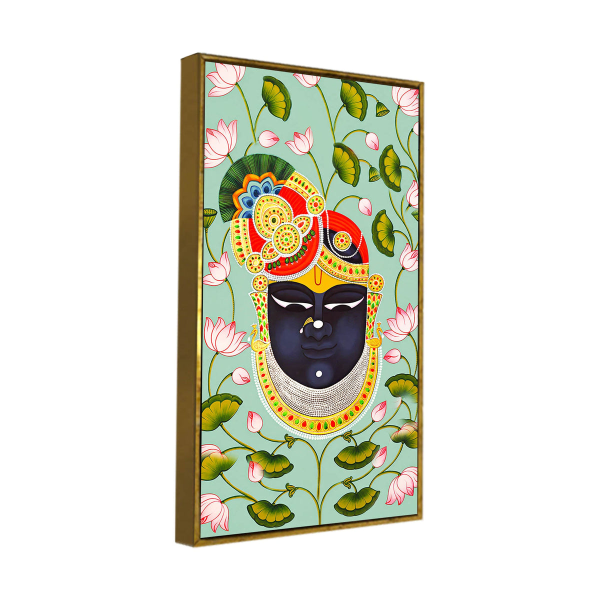 Hindu God Shrinath Ji Face Canvas Painting | Lotus Pattern Spiritual Decor