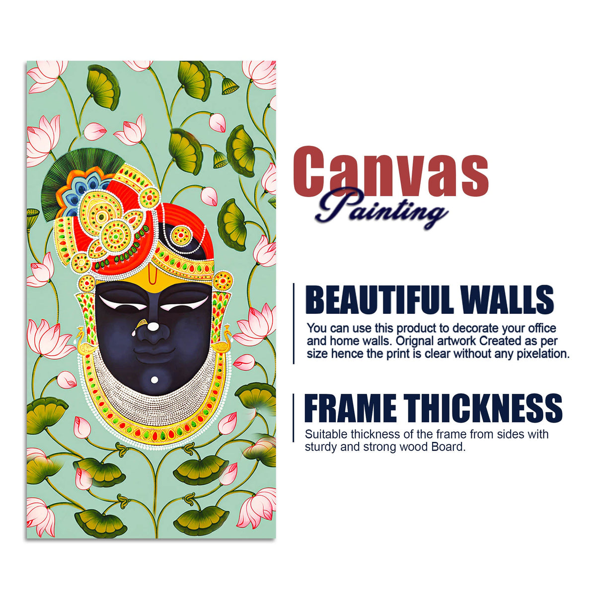 Hindu God Shrinath Ji Face Canvas Painting | Lotus Pattern Spiritual Decor