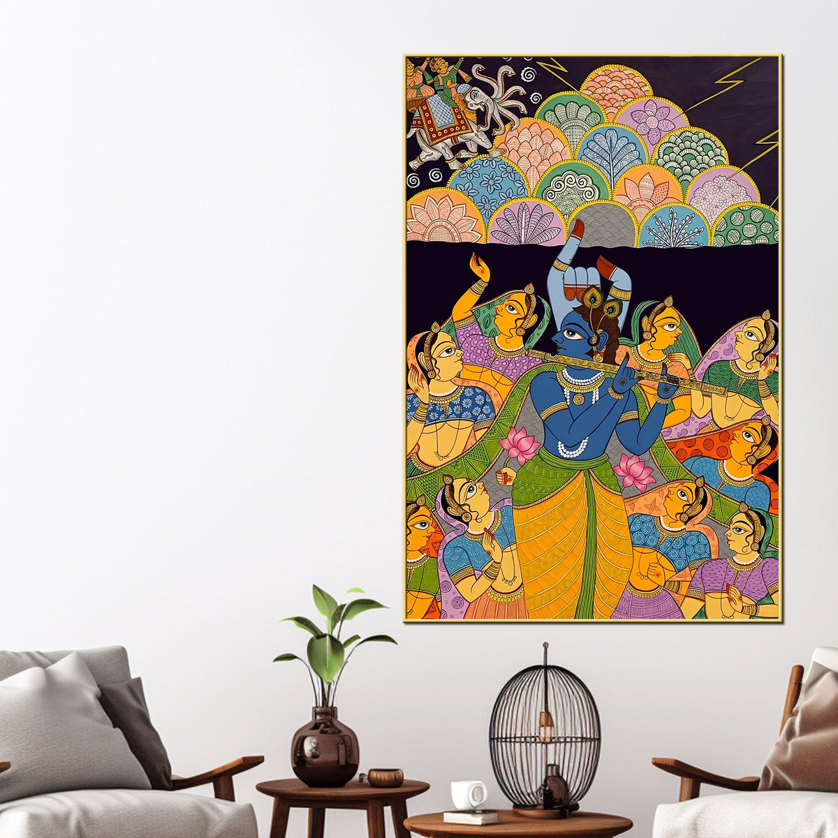 Hindu Lord Krishna Raas Scene Canvas Painting for Living Room Wall