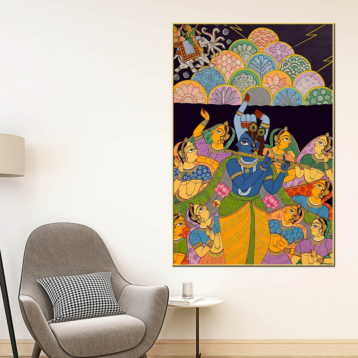 Hindu Lord Krishna Raas Scene Canvas Painting for Living Room Wall