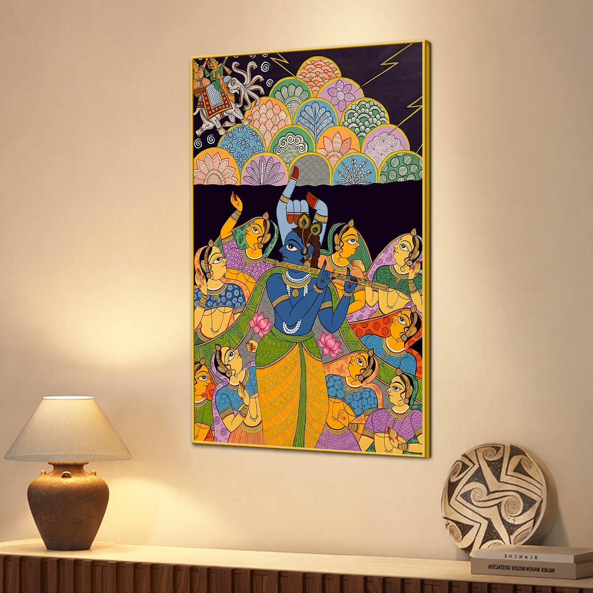 Hindu Lord Krishna Raas Scene Canvas Painting for Living Room Wall